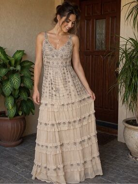 Aidan Mattox Beige Embellished V-Neck Tiered Maxi Dress